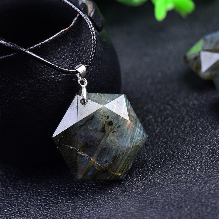 details of natural labradorite hexagonal crystal necklace pendant