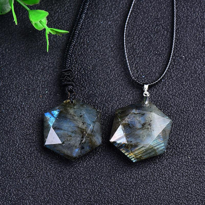 details of natural labradorite hexagonal crystal necklace pendant