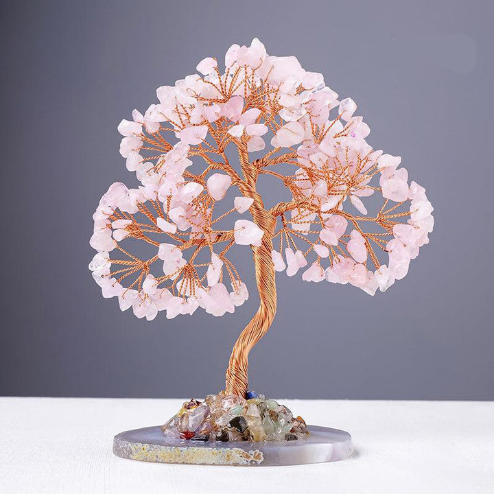 rose quartz crystal wealth tree with agate base