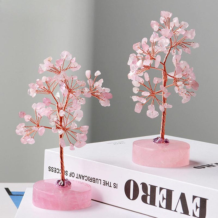 two natural rose quartz crystal bonsai tree with round base