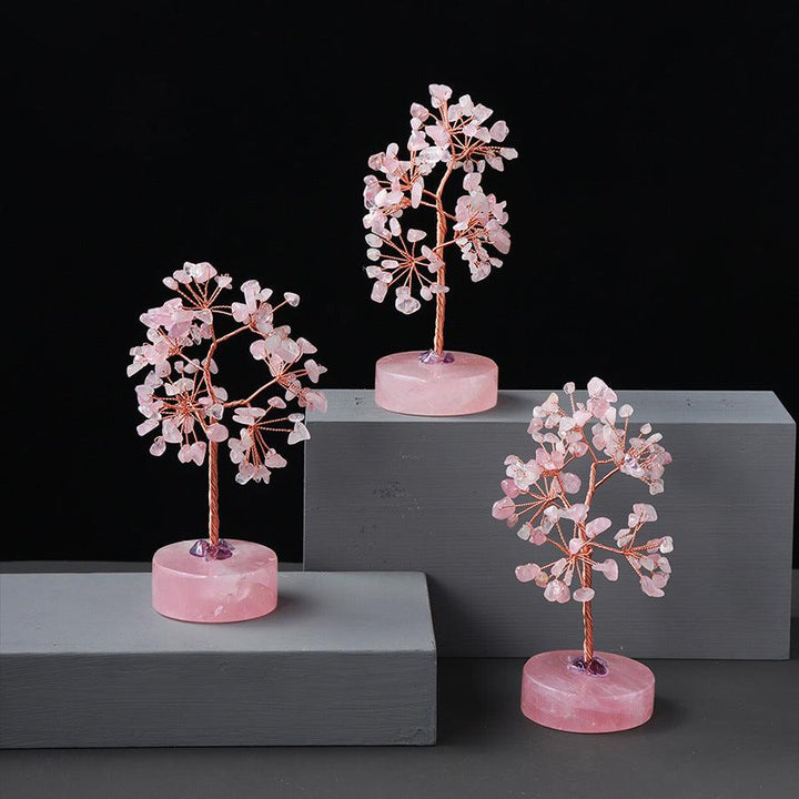 three natural rose quartz crystal bonsai tree with round base