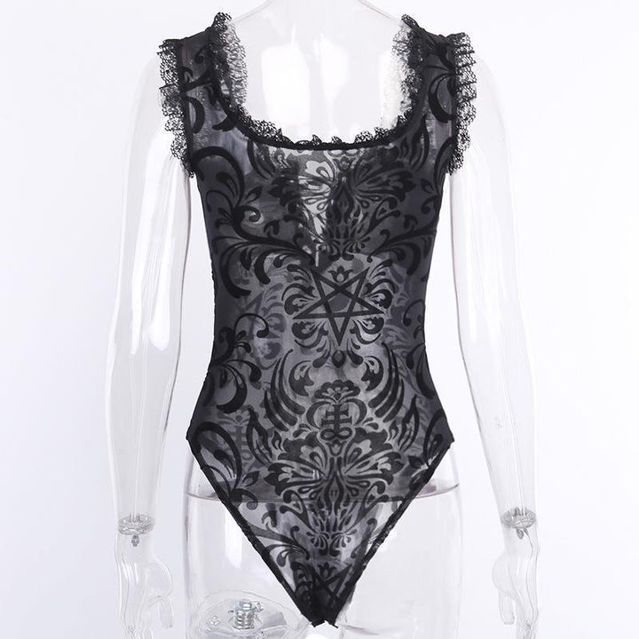 details of a plus size sexy gothic black lace bodysuit tank top