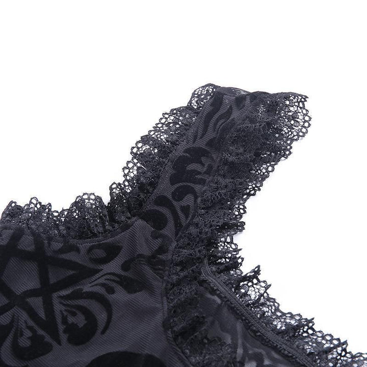 details of a plus size sexy gothic black lace bodysuit tank top