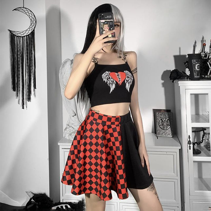 a woman wear a punk gothic black and red check patchwork dress