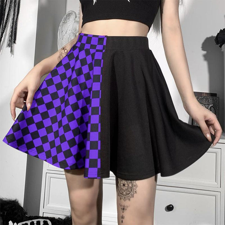 a punk gothic black and purple check patchwork dress