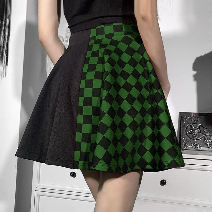 a punk gothic black and green check patchwork dress