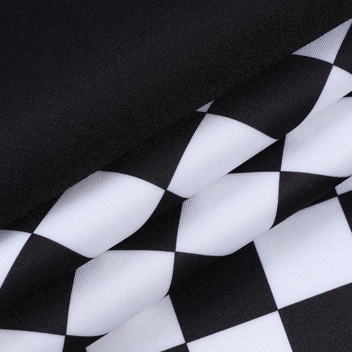 details of a punk gothic black and white check patchwork dress