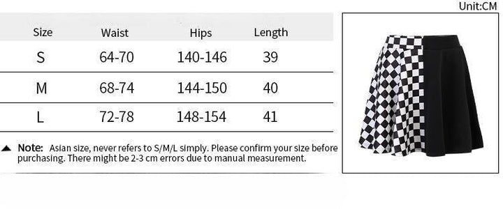 size chart of a punk gothic black and white check patchwork dress