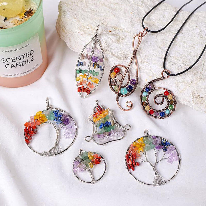 rainbow chakra crystal tree of life necklace pendant