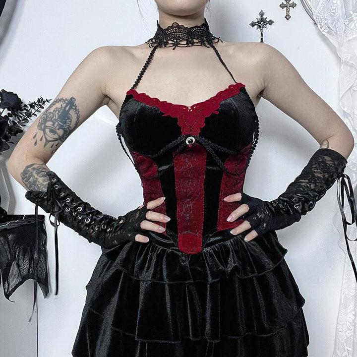 a woman wear a red and black gothic corset halter top and skirt outfits