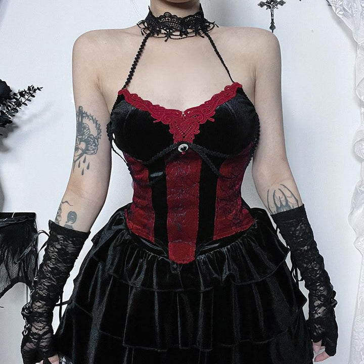 a woman wear a red and black gothic corset halter top and skirt outfits