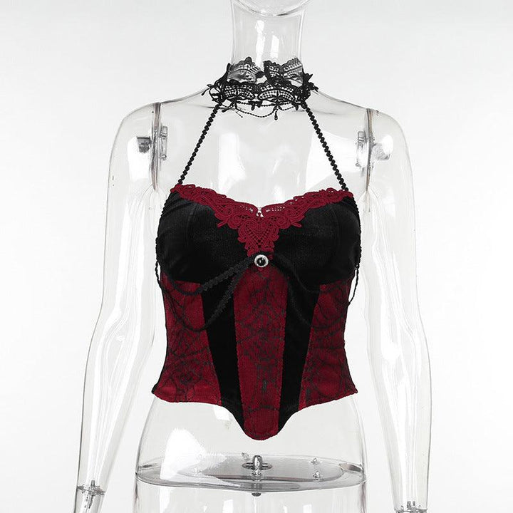 details of red and black gothic corset halter top