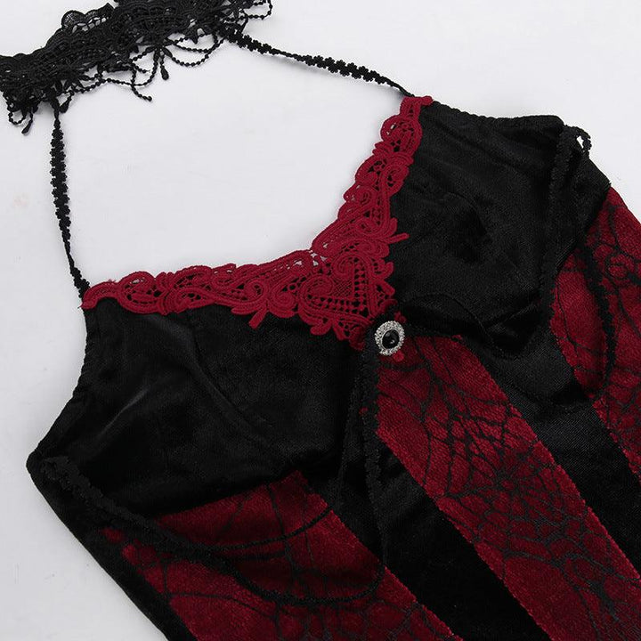 details of red and black gothic corset halter top