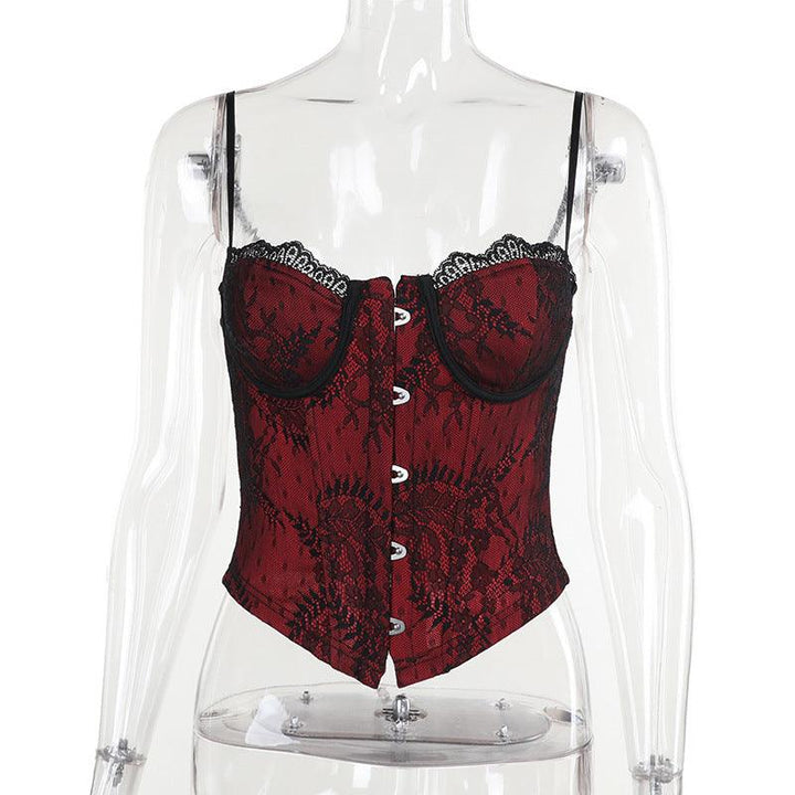 details of a red and black gothic lace sleeveless shirt