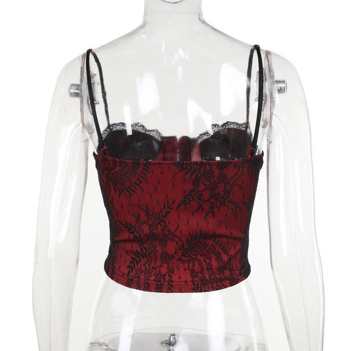 details of a red and black gothic lace sleeveless shirt