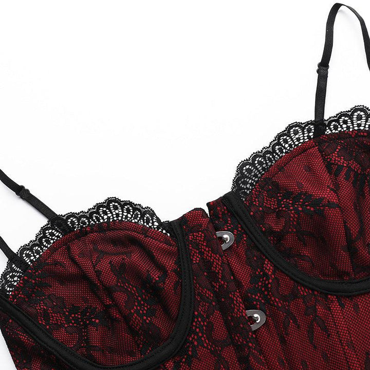 details of a red and black gothic lace sleeveless shirt