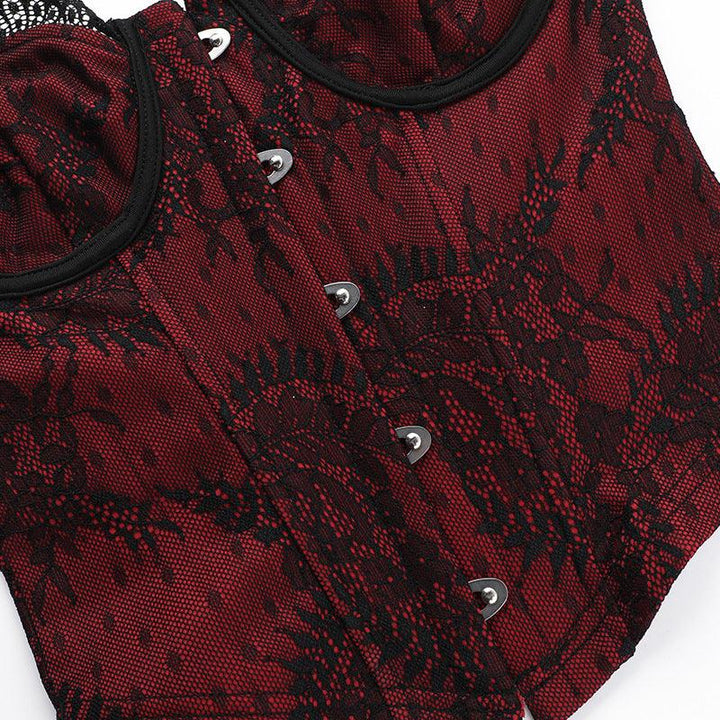 details of a red and black gothic lace sleeveless shirt