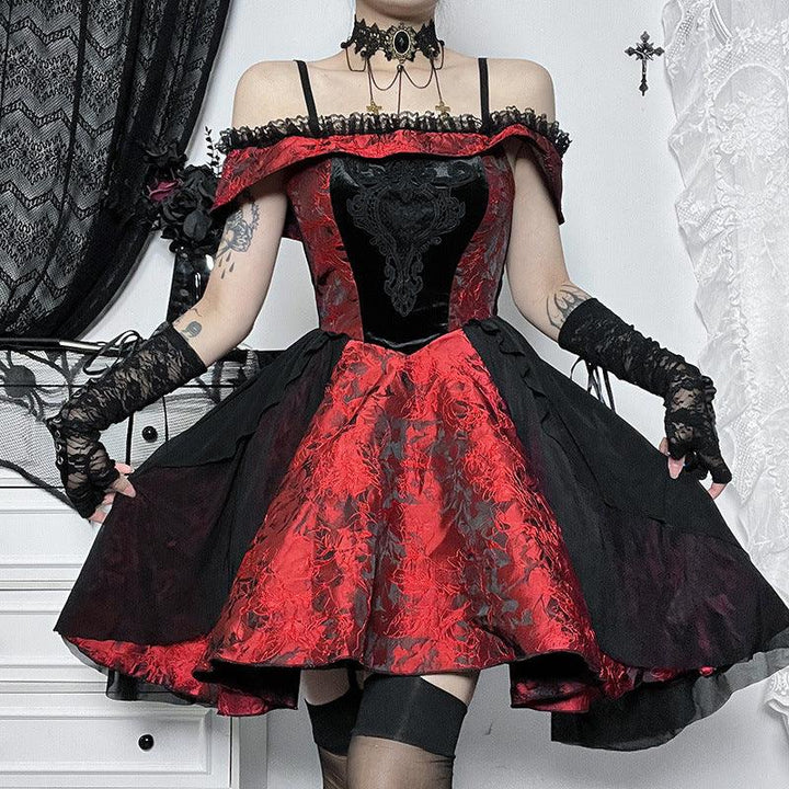 a woman wear a red and black gothic lolita sexy short dress