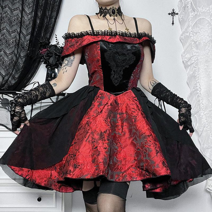 a woman wear a red and black gothic lolita sexy short dress