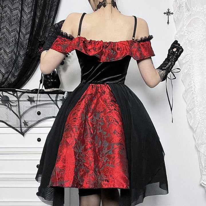 a woman wear a red and black gothic lolita sexy short dress