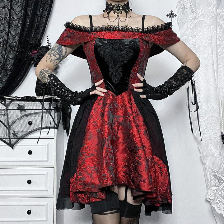 a woman wear a red and black gothic lolita sexy short dress