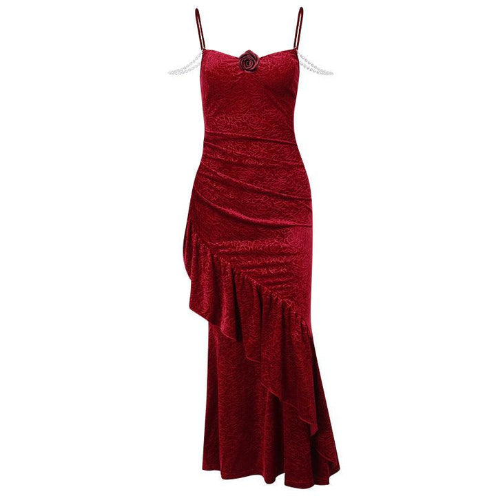 red gothic rose embroidered spaghetti strap gown dress