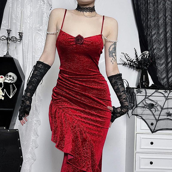 a woman wear a red gothic rose embroidered spaghetti strap gown dress