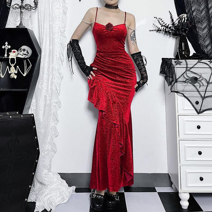 a woman wear a red gothic rose embroidered spaghetti strap gown dress