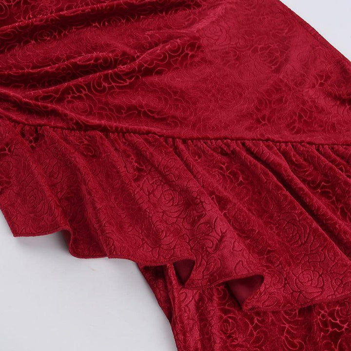 details of red gothic rose embroidered spaghetti strap gown dress