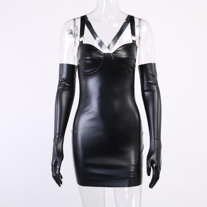 details of a sexy gothic pu leather detached sleeves dress