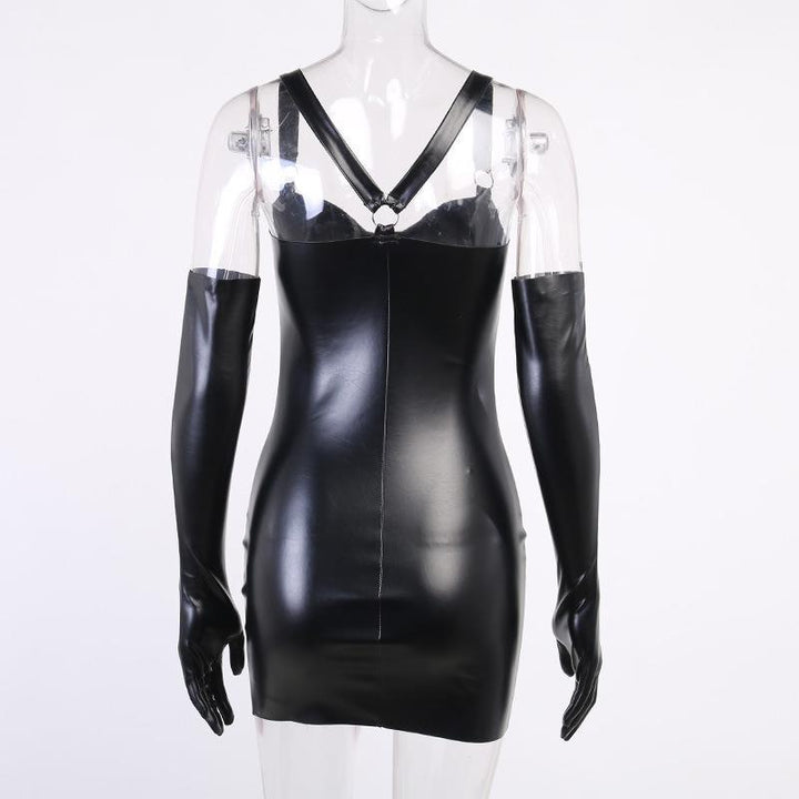 details of a sexy gothic pu leather detached sleeves dress