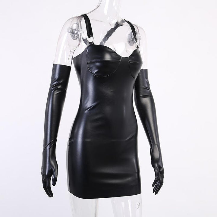 details of a sexy gothic pu leather detached sleeves dress