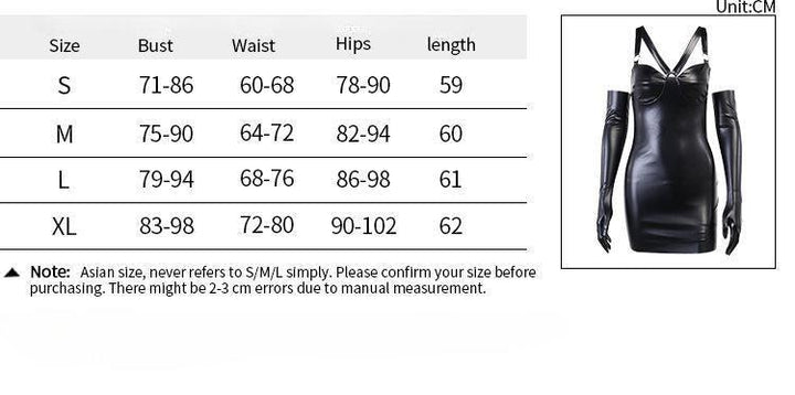 size chart of a sexy gothic pu leather detached sleeves dress