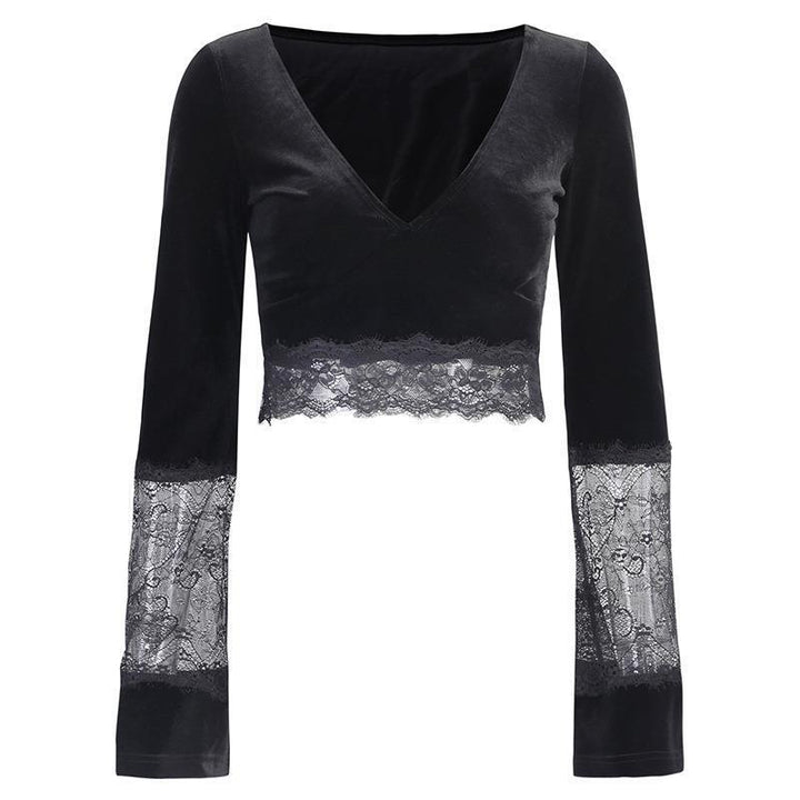 a sexy neckless lace long sleeve top shirt