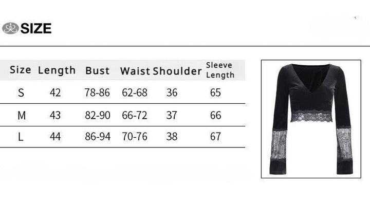 size chart of a sexy neckless lace long sleeve top shirt