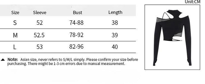 size chart of a sexy slim mesh patchwork long sleeve top