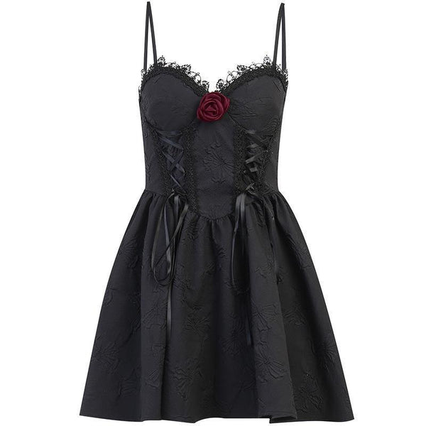 a sleeveless short black gothic evening dress