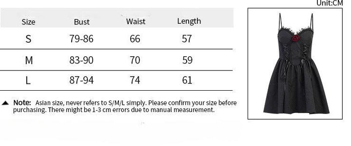 size chart of a sleeveless short black gothic evening dress