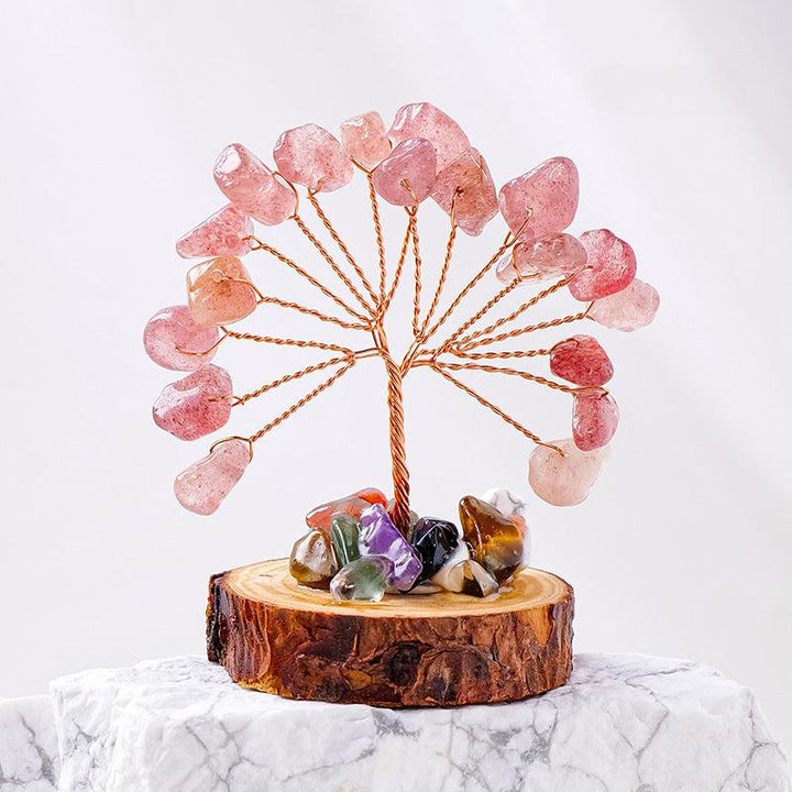 small Strawberry Quartz crystal bonsai tree with wood stump base