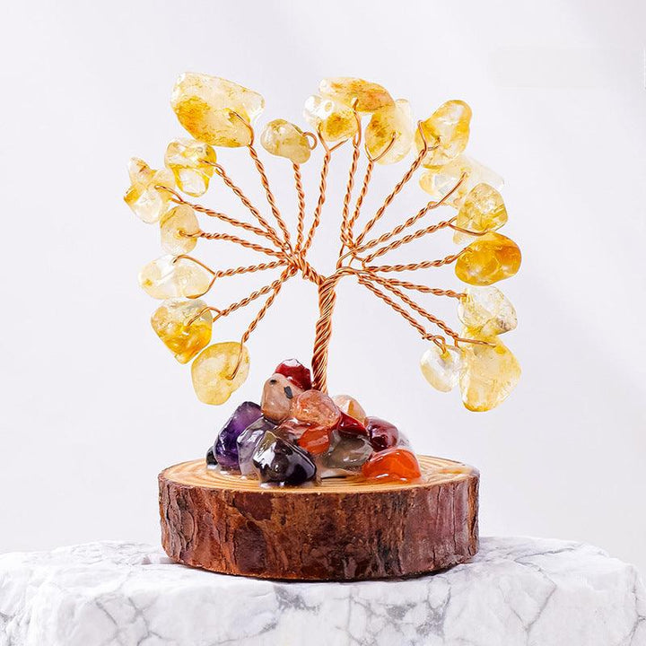 small Yellow Quartz crystal bonsai tree with wood stump base