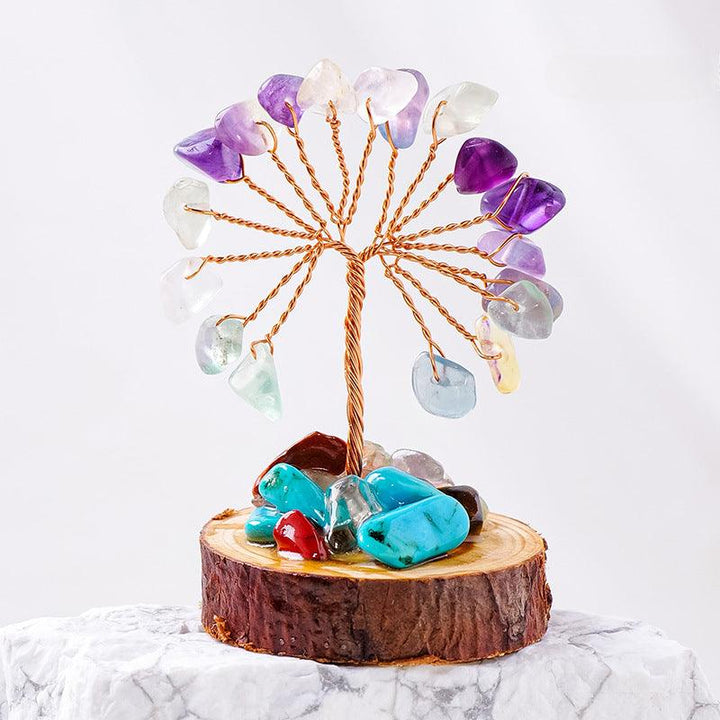 small Rainbow Fluorite crystal bonsai tree with wood stump base