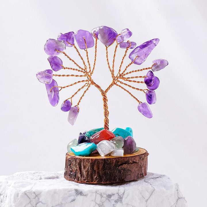 small Amethyst crystal bonsai tree with wood stump base