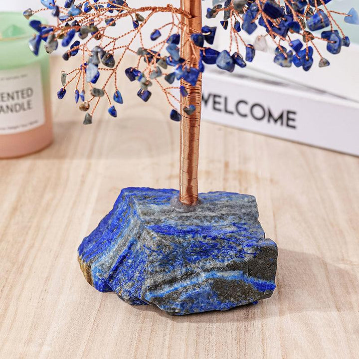 details of tall crystal bonsai tree with handcrafted copper wire