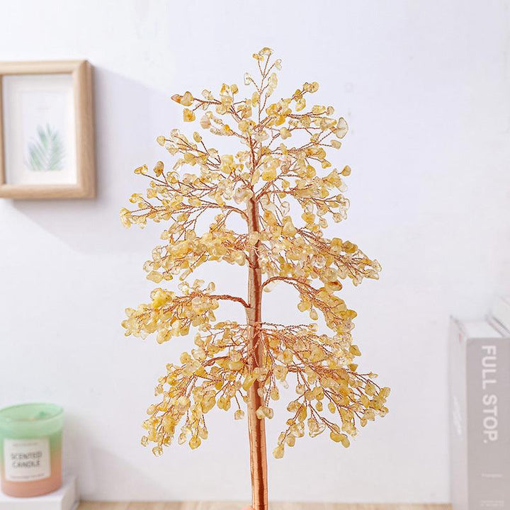 details of tall crystal bonsai tree with handcrafted copper wire