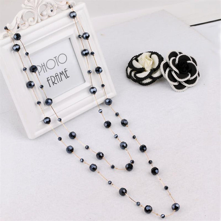 details of three tiers 174cm long black blue crystal pendant necklace