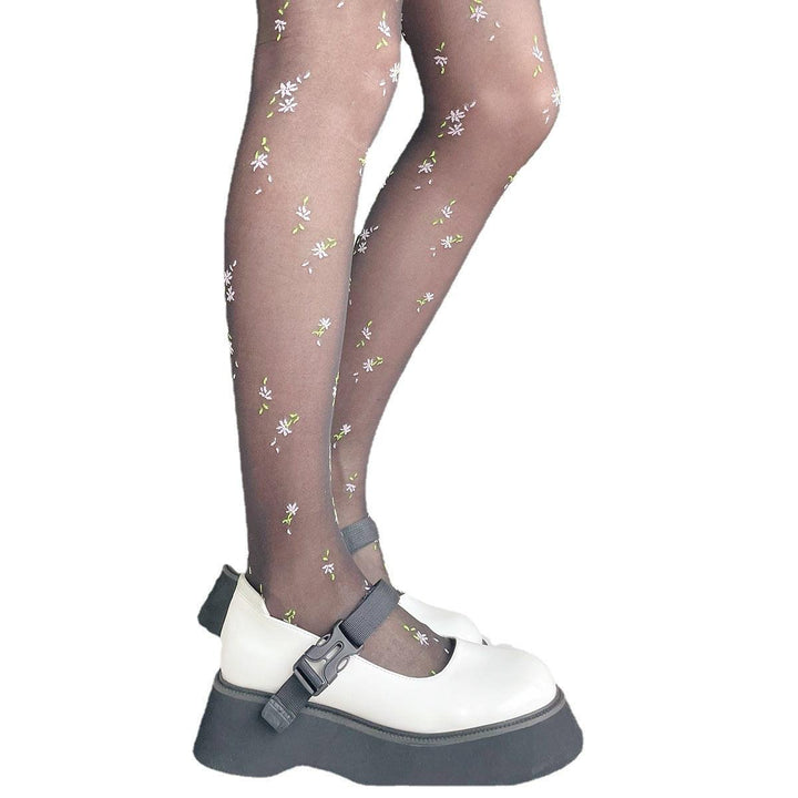 white floral print black stockings pantyhose