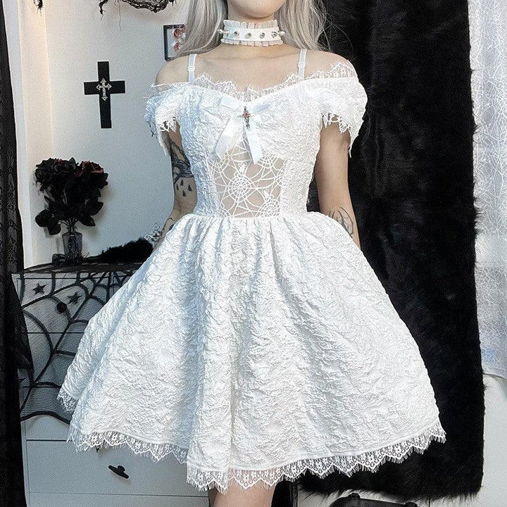 a woman wear a white gothic lolita lace sleeveless short dress