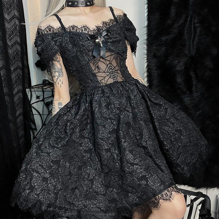 black gothic lolita lace sleeveless short dress