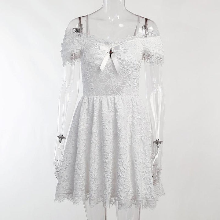 details of white gothic lolita lace sleeveless short dress