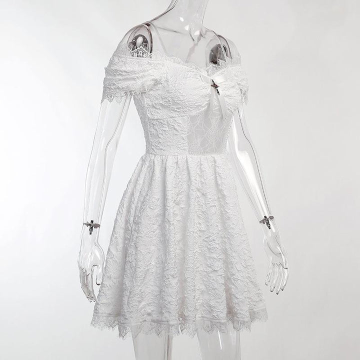 details of white gothic lolita lace sleeveless short dress